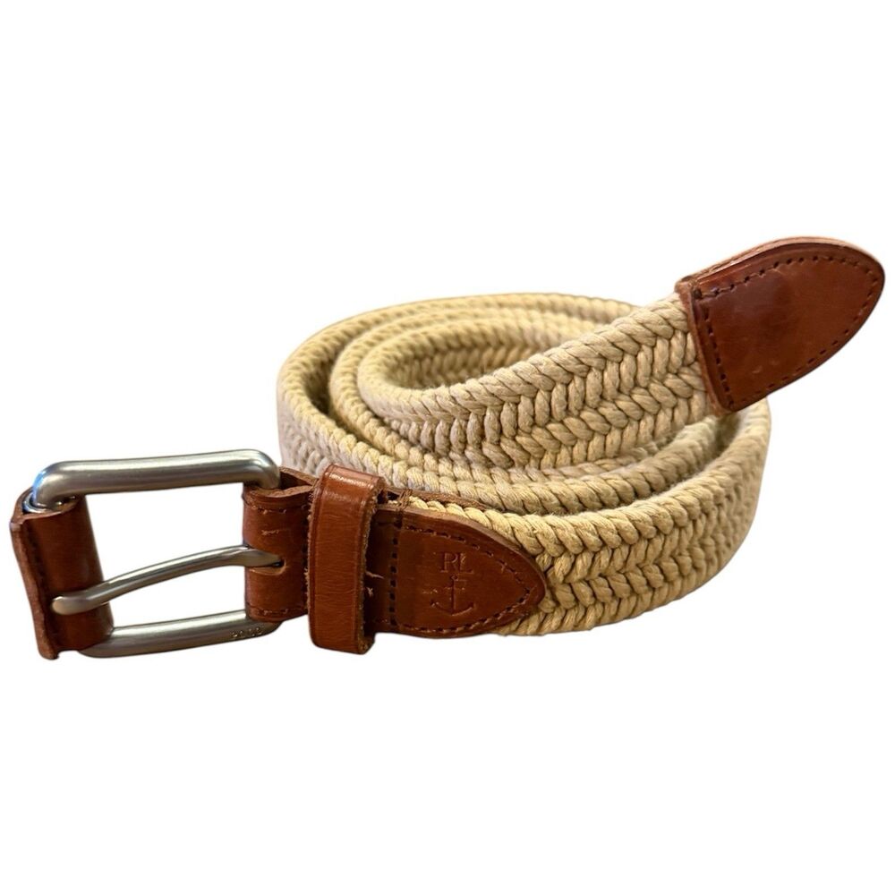 Polo Ralph Lauren Tan Woven Belt Leather Accents Size 32/80 RL Anchor Logo